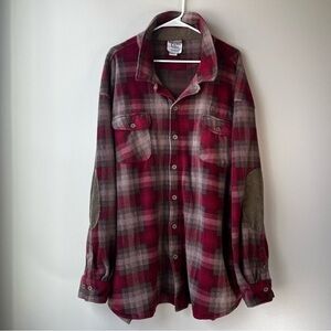 VTG Ducks Unlimited Men's 3XL Red Brown Plaid Fleece LS Shirt Elbow Patches